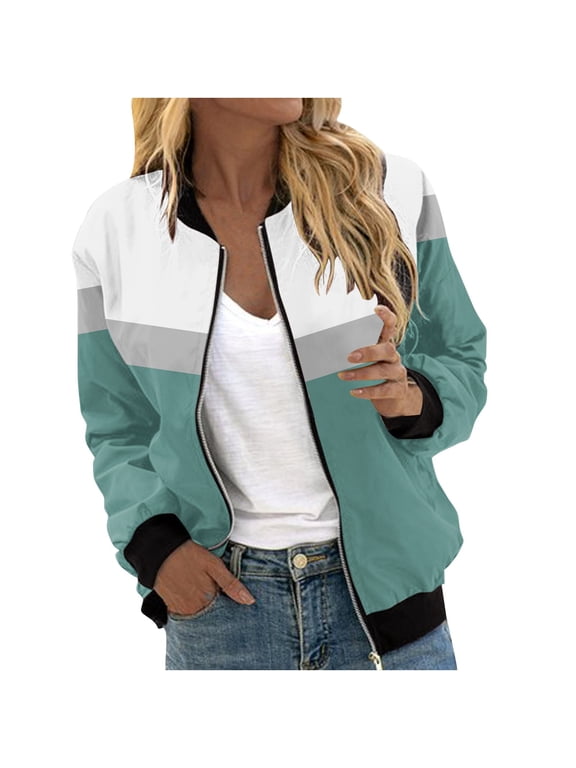 Womens Bombers Jackets Fashion Color Block Zip Up Coats Casual Long Sleeve Loose Fit Jacket with Pockets Fall Outdoor Streetwear Coat