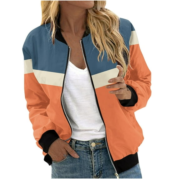 VEKDONE Womens Bombers Jackets Fashion Color Block Zip Up Coats Casual Long Sleeve Loose Fit Jacket with Pockets Fall Outdoor Streetwear Coat
