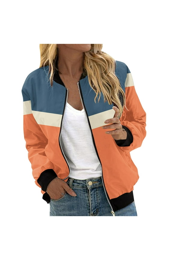 Womens Bombers Jackets Fashion Color Block Zip Up Coats Casual Long Sleeve Loose Fit Jacket with Pockets Fall Outdoor Streetwear Coat