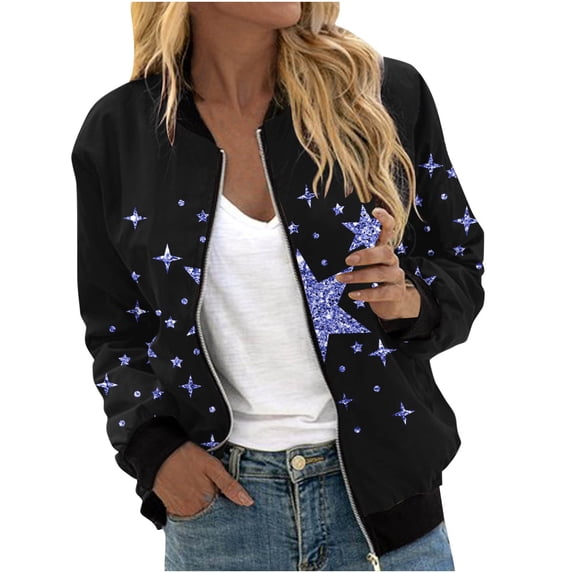 VEKDONE Womens Bombers Jackets Fashion Stars Print Coat Full Zip Up Long Sleeve Jacket Fall Crewneck Lounge Coats Fashion Outdoor Streetwear Outerwear with Pockets