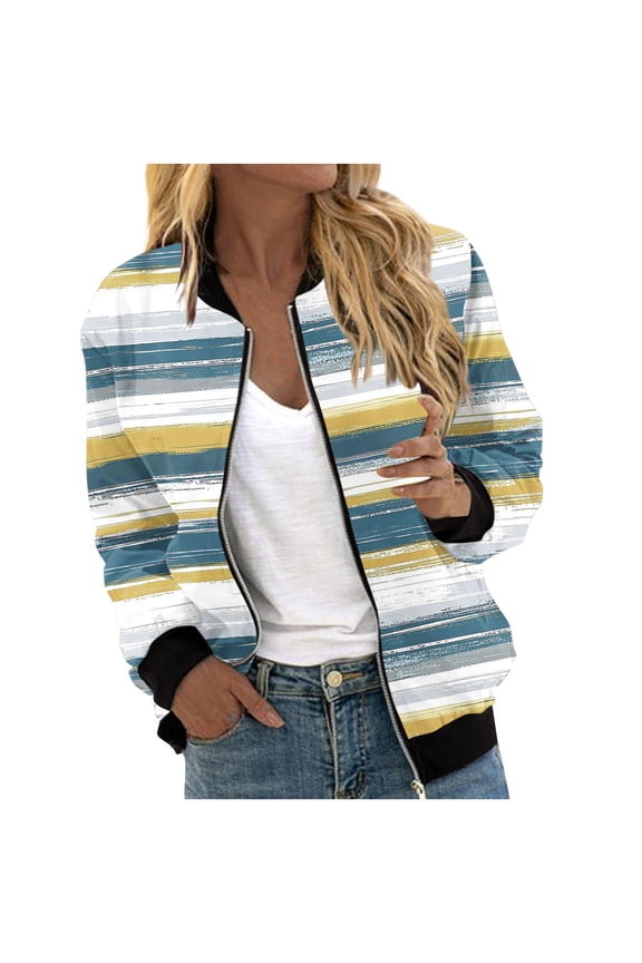Womens Bombers Jackets Full Zip Up Stripe Jacket Fall Long Sleeve Crewneck Lounge Coats Fashion Outdoor Streetwear Outerwear with Pockets