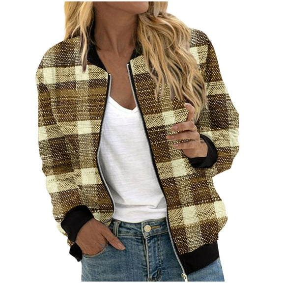 VEKDONE Womens Bombers Jackets Plaid Print No Hooded Jacket Full Zip Up Long Sleeve Coats Casual Loose Fit Lightweight Coat Fall Fashion Outerwear with Pockets