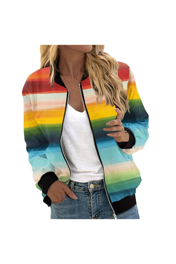 Womens Bombers Jackets Stripe Color Block Zipper Jacket Fall Long Sleeve Crewneck Lounge Coats Fashion Outdoor Streetwear Outerwear with Pockets