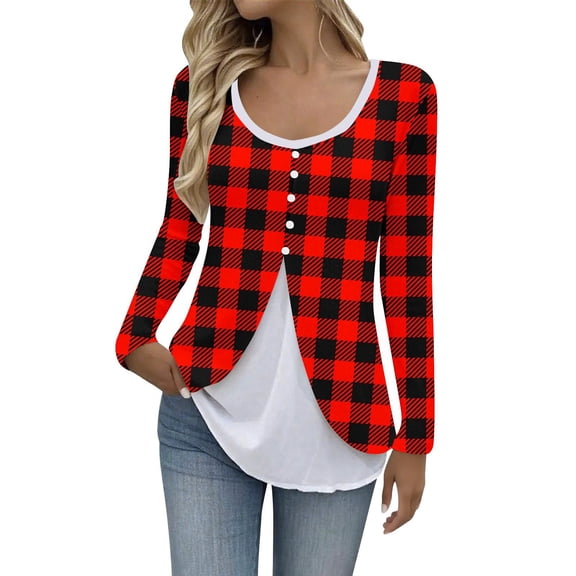 VEKDONE Womens Button Down Henley Shirts Fake Two Piece Patchwork Tunic Tops Plaid Print Plus Size Blouse Long Sleeve Scoop Neck Pullover Tops