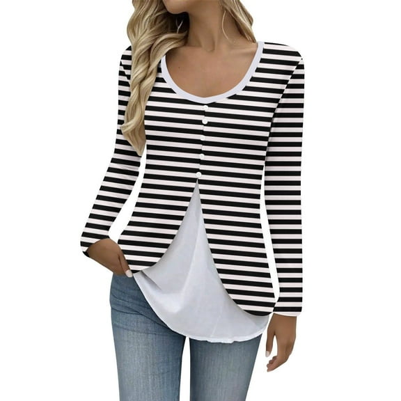 VEKDONE Womens Button Down Henley Shirts Fake Two Piece Patchwork Tunic Tops Stripe Print Plus Size Blouse Long Sleeve Scoop Neck Pullover Tops