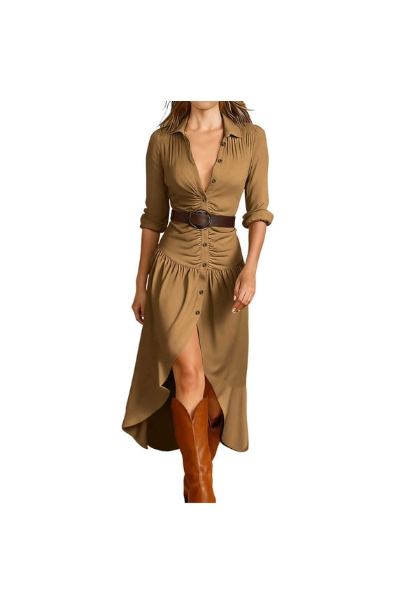 Womens Button Down Lapel Shirt Dress Western Cowboy Style High Low Hem Dress Fashion Long Sleeve Ruched Midi Dress with Belt Khaki M
