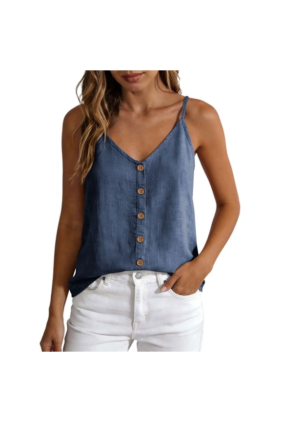 Womens Button Down Tank Tops Sleeveless V-Neck Cami Tank Top Summer Cotton Loose Fit Lounge Blouse Spaghetti Straps Shirts Navy M