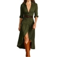 thumbnail image 1 of VEKDONE Womens Button Down Lapel Shirt Dress Western Cowboy Style High Low Hem Dress Fashion Long Sleeve Ruched Midi Dress with Belt Army Green XXXXXL, 1 of 6