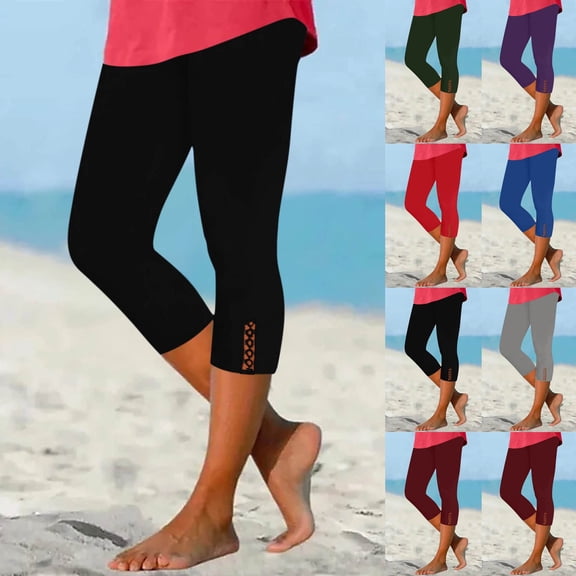 VEKDONE Womens Capris Summer Stretchy High Waisted Capri Leggings Casual Outdoor Workout Yoga Leggings Lace Patchwork Plus Size Tights Vacation Beach Cropped Pants