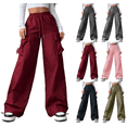 thumbnail image 1 of VEKDONE Womens Cargo Pants Casual Elastic High Waist Drawstring Wide Leg Pants Y2K Outdoor Hiking Long Pants Casual Lightweight Baggy Cargo Pant with Pockets Wine L, 1 of 8