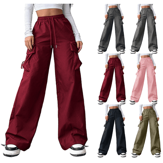 VEKDONE Womens Cargo Pants Casual Elastic High Waist Drawstring Wide Leg Pants Y2K Outdoor Hiking Long Pants Casual Lightweight Baggy Cargo Pant with Pockets Wine L