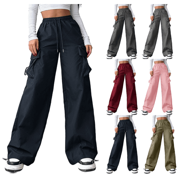 VEKDONE Womens Cargo Pants Casual Elastic High Waist Drawstring Wide Leg Pants Y2K Outdoor Hiking Long Pants Casual Lightweight Baggy Cargo Pant with Pockets Black XXL