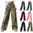 thumbnail image 1 of VEKDONE Womens Cargo Pants Casual Elastic High Waist Drawstring Wide Leg Pants Y2K Outdoor Hiking Long Pants Casual Lightweight Baggy Cargo Pant with Pockets Army Green XXS, 1 of 8