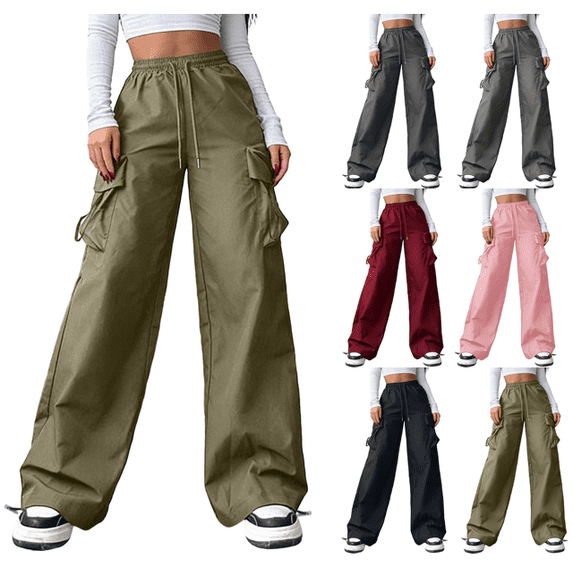 VEKDONE Womens Cargo Pants Casual Elastic High Waist Drawstring Wide Leg Pants Y2K Outdoor Hiking Long Pants Casual Lightweight Baggy Cargo Pant with Pockets Army Green XXS