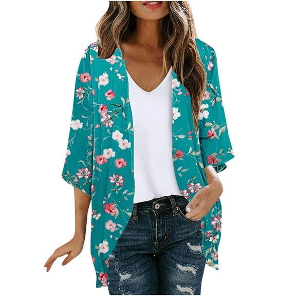 VEKDONE Womens Casual Lightweight Cardigans Plus Size Chiffon Shawl Open Front 3/4 Sleeve Kimono Cardigan Summer Boho Floral Print Swimwear Cover Ups