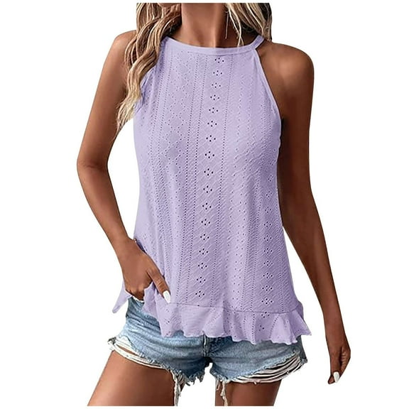 VEKDONE Womens Casual Sleeveless Tank Tops Summer Crewneck Halter Tops Solid Color Hollow Out Tanks Loose Ruffled Tees Vests Purple Large
