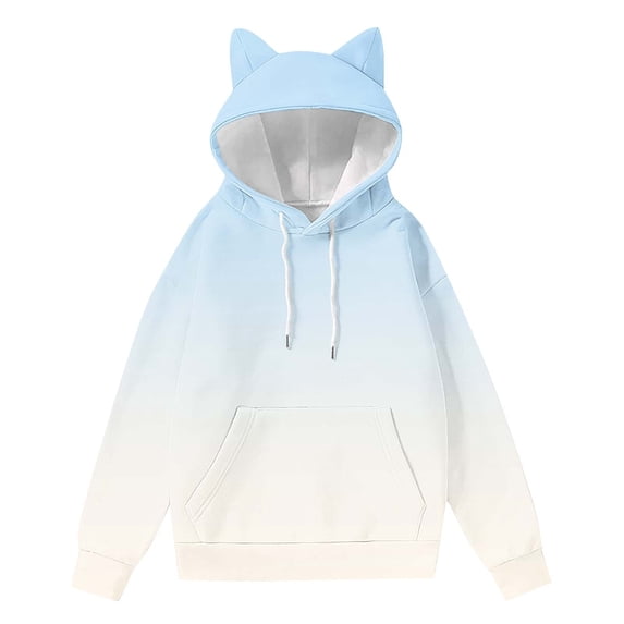 VEKDONE Womens Cat Ear Hoodies Trendy Gradient Tunic Sweatshirt Cute Drawstring Sweatshirts Fall Long Sleeve Loose Fit Hooded Pullover with Pocket Light Blue XXL
