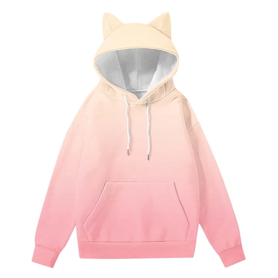 VEKDONE Womens Cat Ear Hoodies Trendy Gradient Tunic Sweatshirt Cute Drawstring Sweatshirts Fall Long Sleeve Loose Fit Hooded Pullover with Pocket Pink XXL