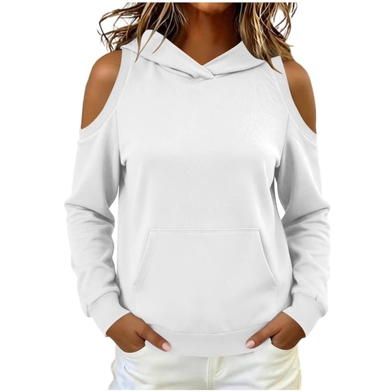 VEKDONE Womens Cold Shoulder Hoodies Trendy Long Sleeve Loose Fit Hooded Sweatshirts Fall Thin Fleece Comfy Pullover Tops with Pocket White M