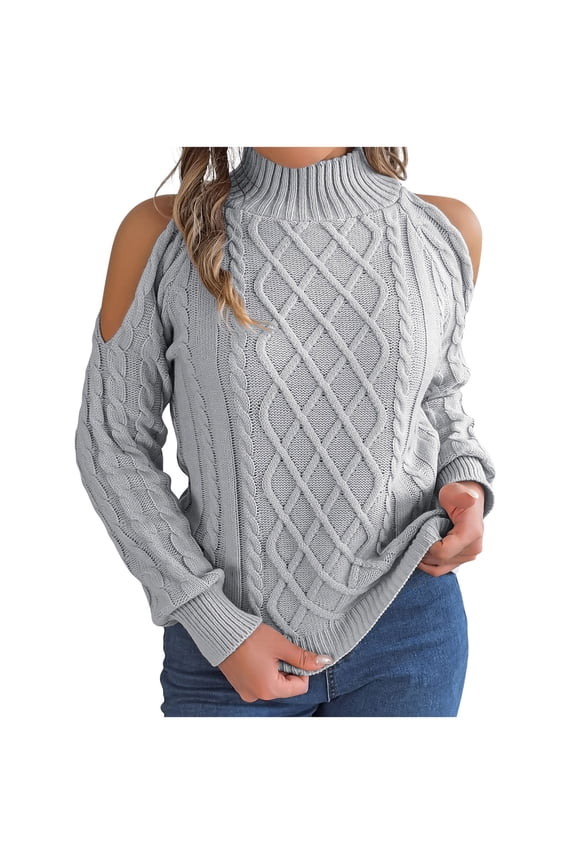 Womens Cold Shoulder Turtleneck Sweaters Fall Winter Long Sleeve Soft Chunky Cable Knit Pullover Sweater Party Sexy Jumper Tops