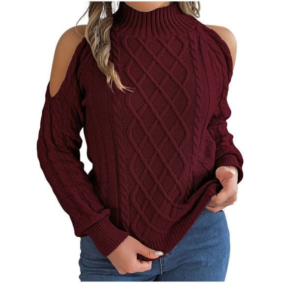 VEKDONE Womens Cold Shoulder Turtleneck Sweaters Fall Winter Long Sleeve Soft Chunky Cable Knit Pullover Sweater Party Sexy Jumper Tops