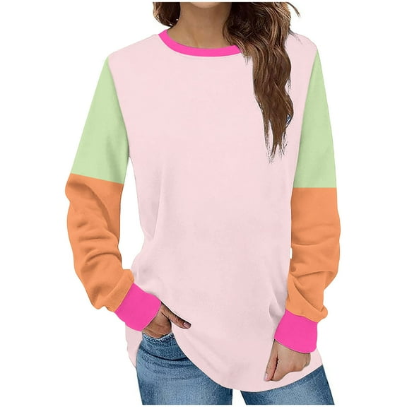 VEKDONE Womens Color Block Sweatshirts Fall Long Sleeve Crewneck Pullover Top Casual Loose Fit Lightweight Sweatshirt Soft Comfy Clothes