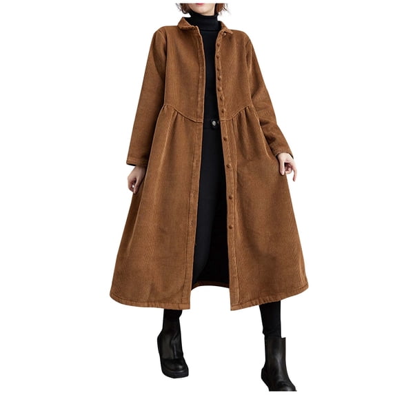 VEKDONE Womens Corduroy Coats Retro Classic Button Down Jackets Lapel Neck Long Coat Fall Winter Casual Lightweight Jacket Fashion Outerwear with Side Pockets