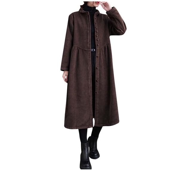 VEKDONE Womens Corduroy Coats Retro Classic Button Down Jackets Lapel Neck Long Coat Fall Winter Casual Lightweight Jacket Fashion Outerwear with Side Pockets