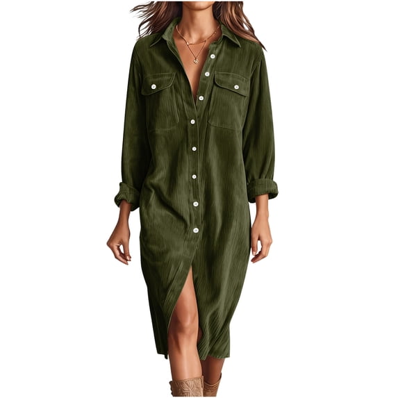 VEKDONE Womens Corduroy Shirt Dress Long Sleeve Button Down Lapel Midi Dress Solid Color Loose Fit Casual Dress with Pockets Army Green XL