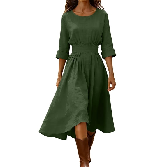 VEKDONE Womens Cotton Linen Midi Dress 3/4 Sleeve Crewneck Smocked Waist A Line Dresses Summer Loose Fit Pleated Flowy Casual Dress Army Green S
