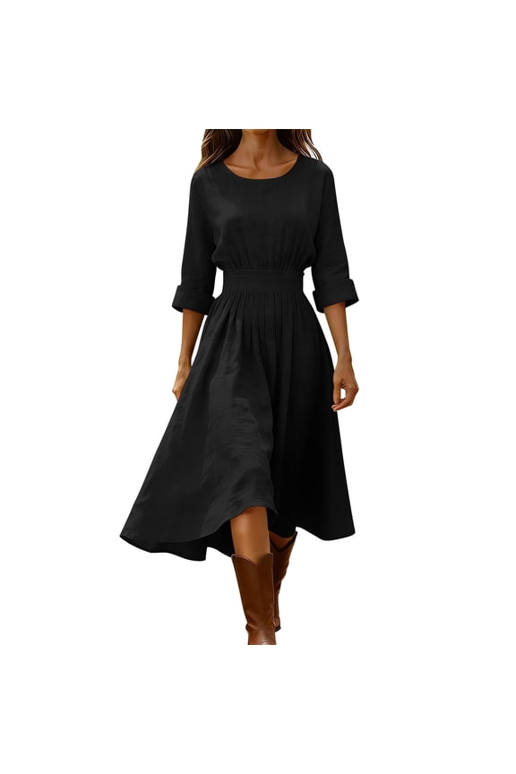 Womens Cotton Linen Midi Dress 3/4 Sleeve Crewneck Smocked Waist A Line Dresses Summer Loose Fit Pleated Flowy Casual Dress Black L