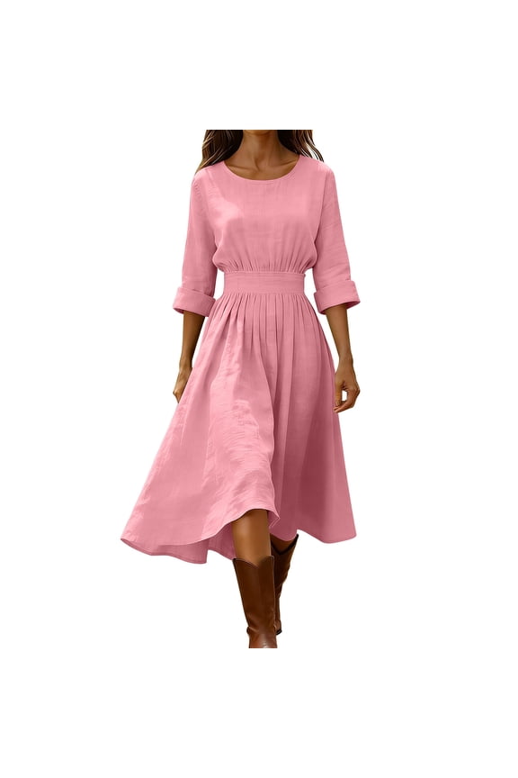 Womens Cotton Linen Midi Dress 3/4 Sleeve Crewneck Smocked Waist A Line Dresses Summer Loose Fit Pleated Flowy Casual Dress Pink L
