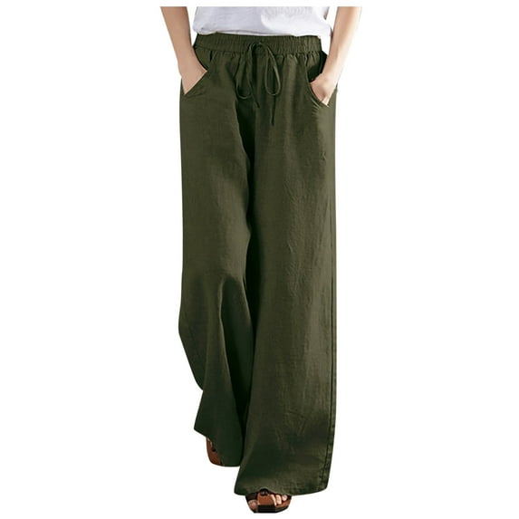 VEKDONE Womens Cotton Linen Wide Leg Pants Summer Elastic High Waisted Straight Trousers with Pockets Casual Loose Drawstring Palazzo Pant Solid Color Long Pants