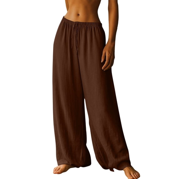VEKDONE Womens Cotton Palazzo Pants Casual Loose Fit Wide Leg Pants Solid Color High Waist Drawstring Long Pants with Pockets Beach Vacaton Lounge Pants Brown L