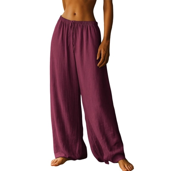 VEKDONE Womens Cotton Palazzo Pants Casual Loose Fit Wide Leg Pants Solid Color High Waist Drawstring Long Pants with Pockets Beach Vacaton Lounge Pants Wine S
