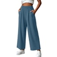 thumbnail image 1 of VEKDONE Womens Cotton Wide Leg Pants Elastic Waist Loose Fit Palazzo Pants Casual Lightweight Breathable Straight Trousers with Pockets for Daily Wear Blue L, 1 of 6