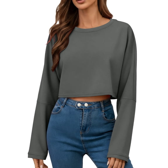 VEKDONE Womens Crewneck Crop Sweatshirt Long Sleeve Drop Shoulder Pullover Top Solid Color Loose Fit Cropped Sweatshirts Y2K Going Out Tops Gray L