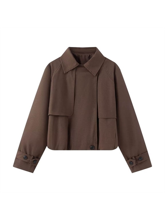 Womens Cropped Pea Coat Peter Pan Collar Long Sleeve Puffed Hem Overcoat Button Cuff Strap Relaxed Fit Jackets Fall Winter Fashion Outerwear