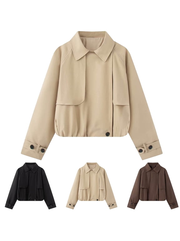 Womens Cropped Pea Coat Peter Pan Collar Long Sleeve Puffed Hem Overcoat Button Cuff Strap Relaxed Fit Jackets Fall Winter Fashion Outerwear