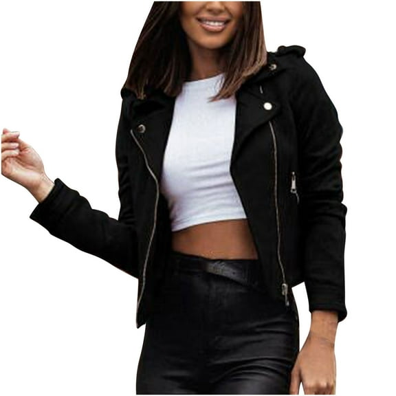 VEKDONE Womens Cropped Zip Up Jackets Solid Color Lapel Biker Coat Casual Short Motorcycle Leather Jackets Fashion Lightweight Bomber Outerwear with Pockets