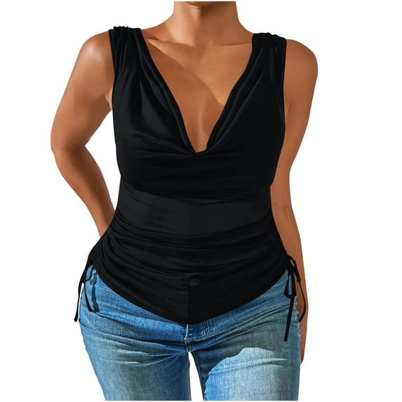VEKDONE Womens Deep V Cowl Neck Tank Tops Summer Sleeveless Drop Pleated Plus Size Tanks Solid Color Slim Tunics Tops Club Party Vests Black X-Large