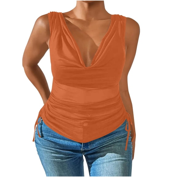 VEKDONE Womens Deep V Cowl Neck Tank Tops Summer Sleeveless Drop Pleated Plus Size Tanks Solid Color Slim Tunics Tops Club Party Vests Orange XX-Large
