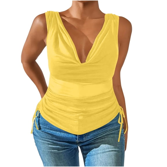 VEKDONE Womens Deep V Cowl Neck Tank Tops Summer Sleeveless Drop Pleated Plus Size Tanks Solid Color Slim Tunics Tops Club Party Vests Yellow 4X-Large