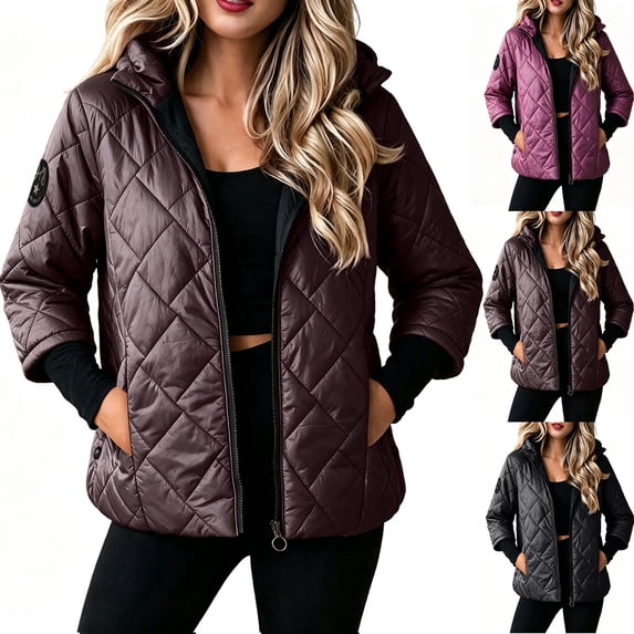 VEKDONE Womens Diamond Quilted Hooded Puffer Jacket Zip up Padded Coat Relaxed Fit Warm Jackets Fall Winter Fashion Outerwear for Commuting