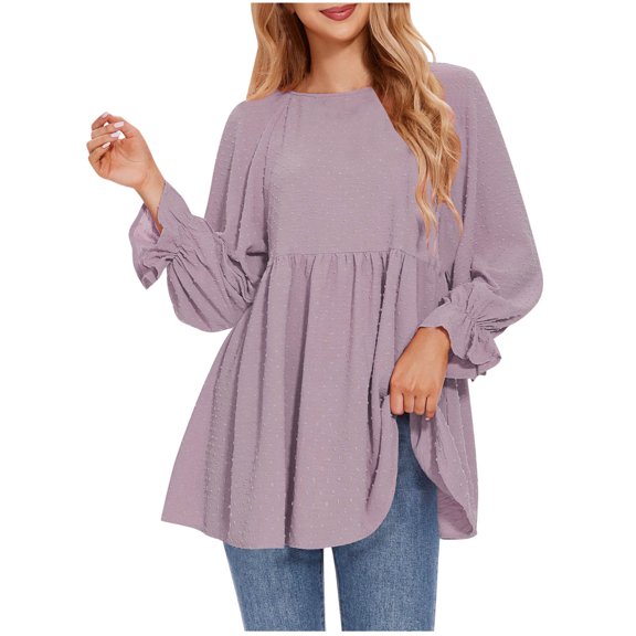 VEKDONE Womens Dressy Blouses Casual Ruffle Long Sleeve Shirts Swiss Dot Peplum Top Puff Sleeve Crewneck Flowy Tunics Solid Color Long Blouse Fall Clothes