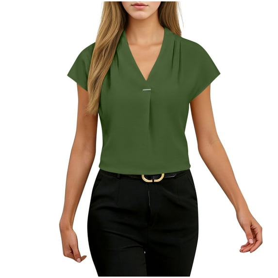 VEKDONE Womens Dressy Cap Sleeve Blouse V Neck Button Tunic Tops Fashion Solid Color Business Work Shirts Casual Lightweight Pleated Shirt Army Green S
