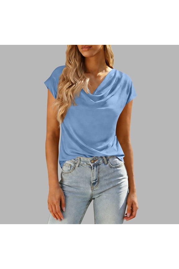 Womens Dressy Tops Summer Cap Sleeve Cowl Neck Tunic Tops Casual Loose Fit Lightweight Pleated Blouses Solid Color Business Work Shirts Light Blue XXL