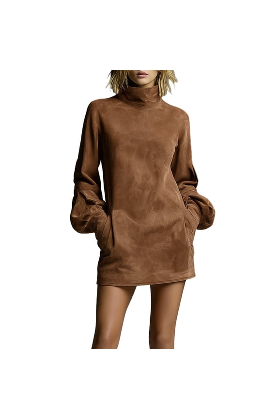 Womens Faux Suede Mini Dress Vintage Turtleneck Long Sleeve Dress Casual Loose Fit Western Short Dresses with Pockets Brown XL