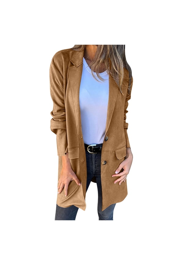 Womens Fleece Blazer Jacket Dressy Button Down Lapel Business Suit Jacket Fall Trendy Work Outerwear Solid Color Mid-Length Jackets