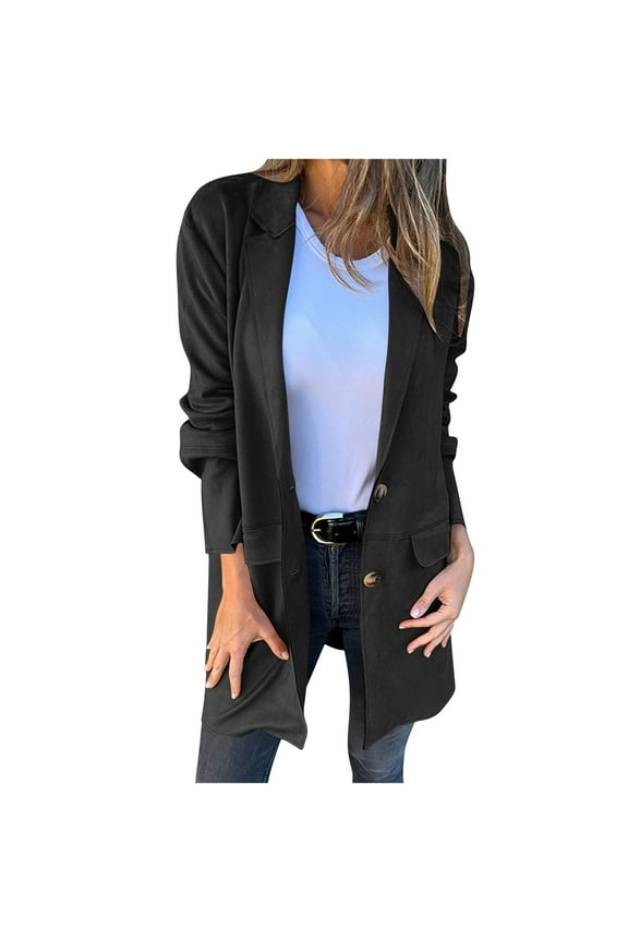 Womens Fleece Blazer Jacket Dressy Button Down Lapel Business Suit Jacket Fall Trendy Work Outerwear Solid Color Mid-Length Jackets